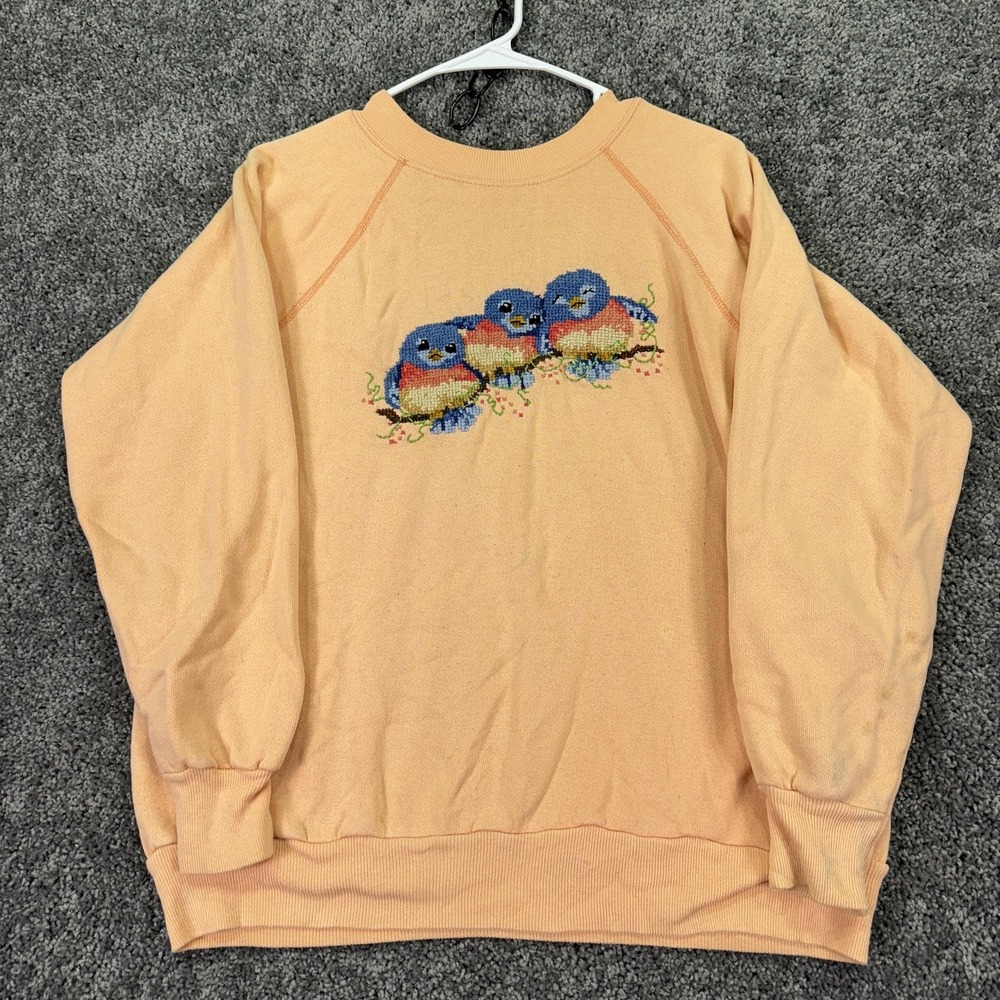 Vintage ICU Sweatshirt Womens Large Orange Fleece Crewneck Bluebird Embroidered